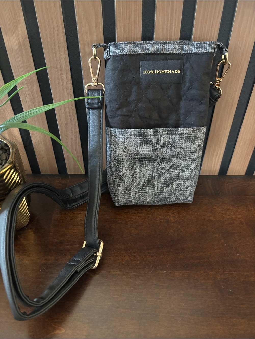 100% Homemade Black & Gray Crossbody Phone Bag